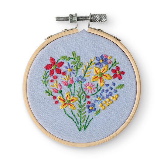Loops & Threads; 3.5" Floral Heart Stamped Design Embroidery Kit with Hoop by Loops & Threads®; Category:Embroidery; Image:1
